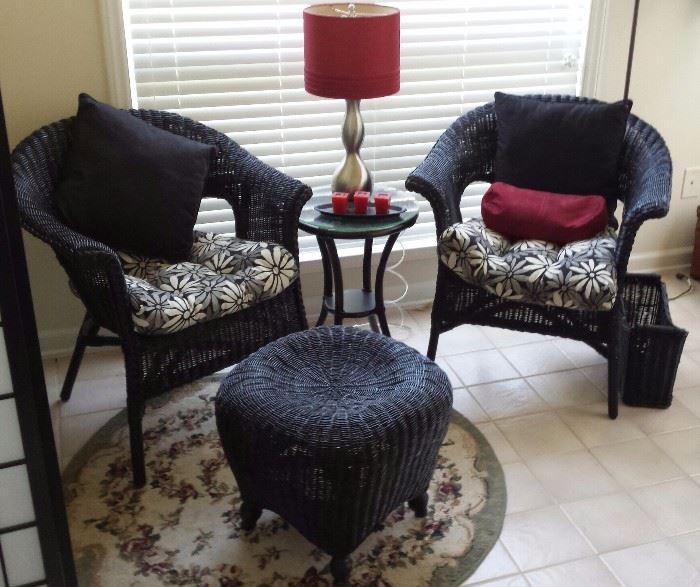 Patio wicker set, chairs, foot stool, magazine basket, and sofa