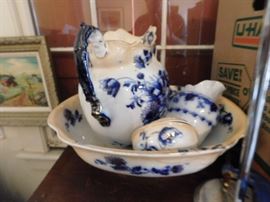 Antique Flo blue four piece bowl and pitcher set, c. 1880 in fine condition