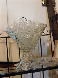 American pressed glass two part punch bowl with sixteen glasses, c. 1900