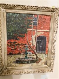 James Hussey French Quarter patio -- rare artist and wonderful New Orleans scene-- oil on canvas from this listed New Orleans artist