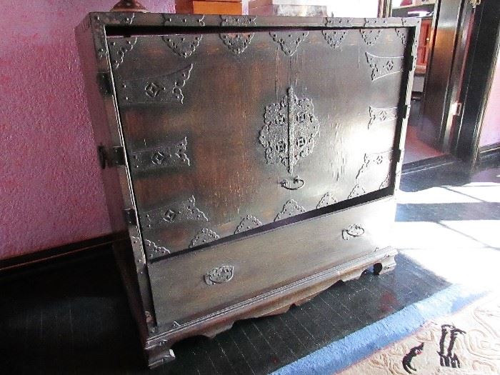 Antique iron ornamented Chinese chest.