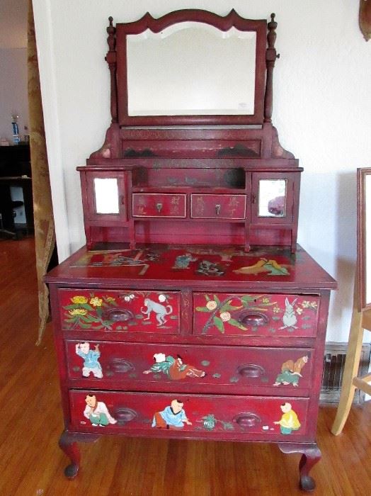 C. 1900 hand painted red Chinese secretary with mirror.