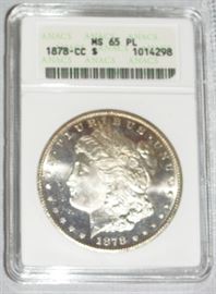 SUPER SCARCE & RARE 1878 CC Morgan Silver Dollar. Slabbed by ANACS MS 65 PL