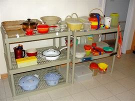 Hard to find porcelain enamel cast iron, Mid Century barware, Pampered Chef & very collectible tupperware