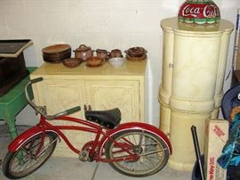 Very rare 1950's Schwinn Boys bicycle, Mid Century Eames Era Henredon silver chest / server with matching side tables.