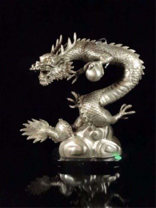 CHINESE BRONZE DRAGON SCULPTURE WITH SILVER PATINA