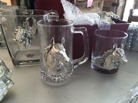 Arthur Court Horse Glassware, ice bucket, beer mug and 'old fashion'