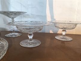Early 1900's hand cut glass compotes of the Hawkes tradition.
