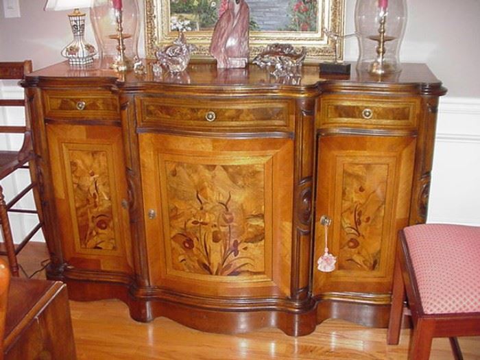 One of a pair of marquetry inlaid buffet/consoles