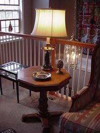 Octagonal pedestal table, lamp, and accessories