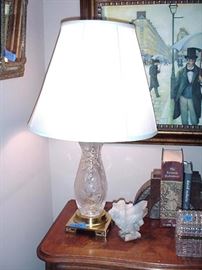Crystal lamp; quartz crystal specimen; faceted box with brass frame, Craftsman bookends