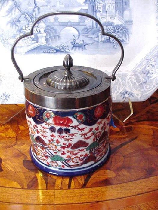 Imari china jar with silverplated frame