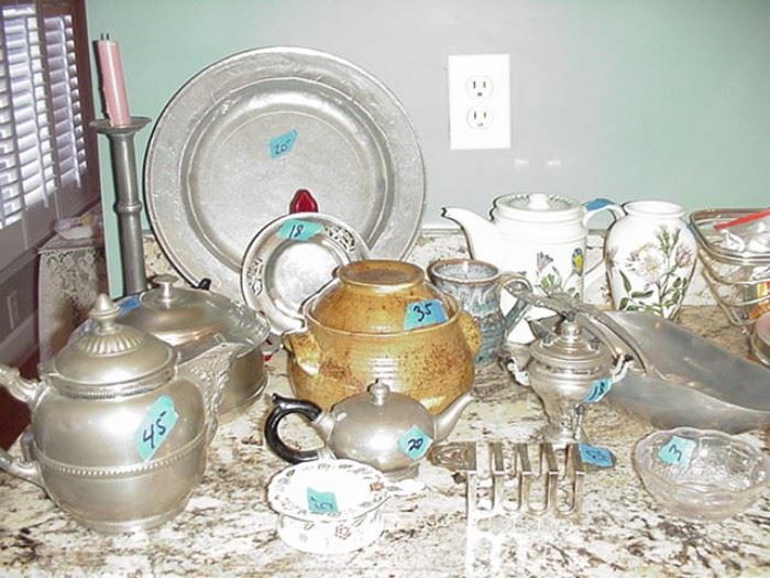 Pewter, stoneware, Portmeirion, English toast racks, porcelain tea strainer, and more