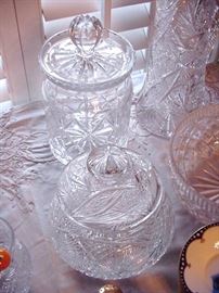 Brilliant period cut glass covered jar; crystal biscuit barrell