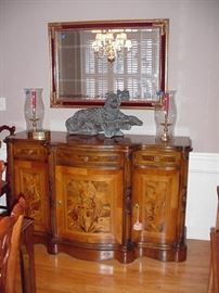 Inlaid console/buffet; beveled glass mirror ornately framed