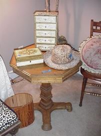 Florentine jewelry box and chest; octagonal table, hats, and more