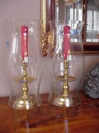 Virginia Metalcrafters Candlesticks and heavy glass hurricanes