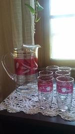 Gorgeous Vintage Hand Pressed Glass Cranberry Flash and Gold Pitcher with 6 Glasses