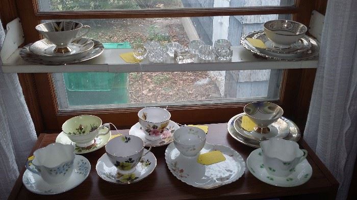Vintage Bone China Tea Cups & Saucers 
Lead Crystal Salters