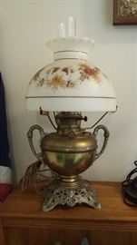 B & H Electric Oil Lamp with hand painted floral Milk glass shade 