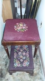 Antique needlepoint foot stool and piano stool