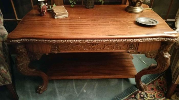 Carved antique library table