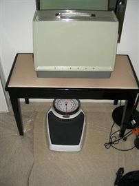 Singer portable sewing machine, piano bench, scale