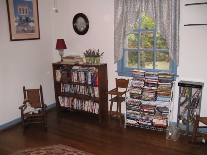 Books, CDs, DVDs, Tapes, and antique children's chairs