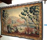 17.  Vintage Belgian tapestry 7’ 6” long x 5’ 5” tall including 10’ long iron decorator rod –   Asking $650