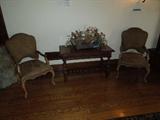 26.  Kriss arm chairs – one pair.  Asking:  $495

51.  Antique Library Trestle table/desk with 2 drawers – Asking:  $895