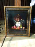 32.  Original oil framed painting by Ernest Baber.  SANTA DOMINGO POT & FRUIT -  30” X 24”  (original cost= $6850)  Asking $3000