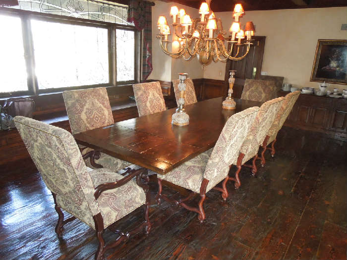 1. Fremarc dining table - 4' wide x 12' long with two extensions included -two armed Captain's chairs and 8 side chairs (original cost = $18,000+)   Asking:  $7500
