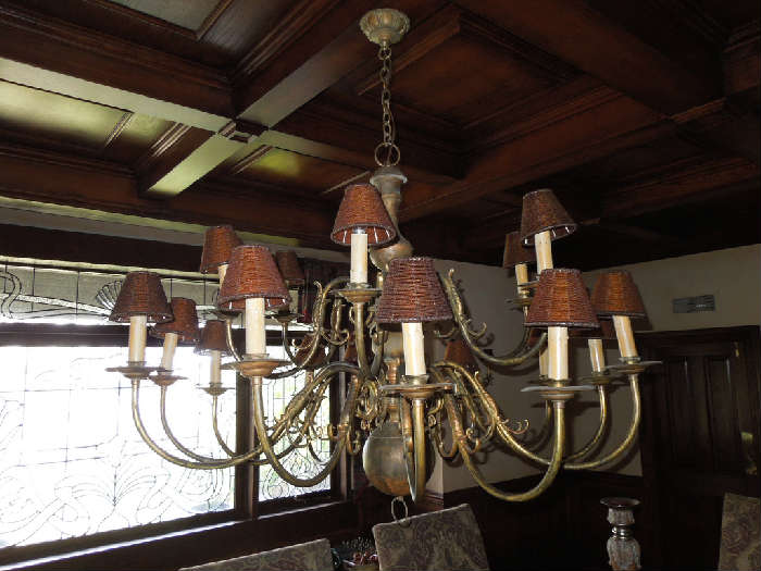 49.  Old World brass chandelier with 18 shaded candles – 4’ diameter  -  Asking:  $2200