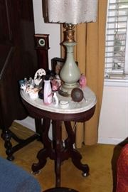 Oval Marble Topped Pedestal, Lamp, and Decorative