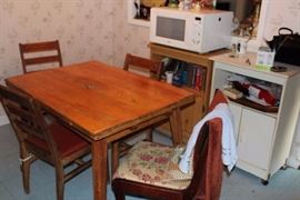 Kitchen Work Table & 4 Chairs, Small Rolling Cabinets &  Microwave