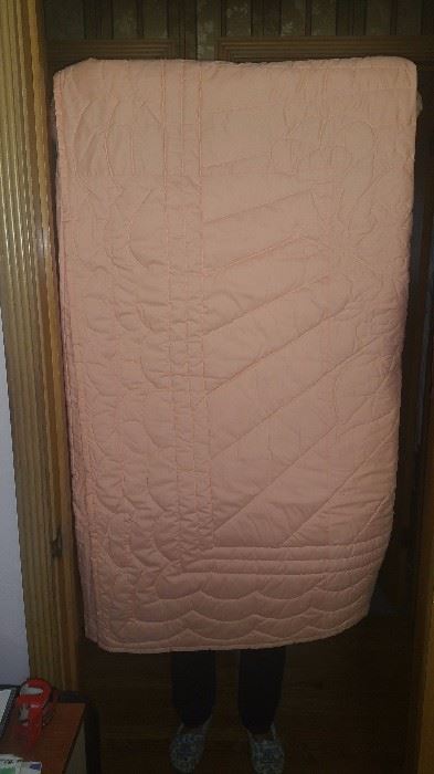 Stunning peach colored handmade, hand embroidered, NEVER USED, Amish quilt, king size.