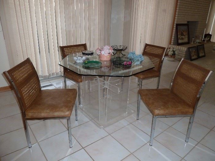 Mid-Century Kitchen Table with custom acrylic base and glass top plus 4 chairs