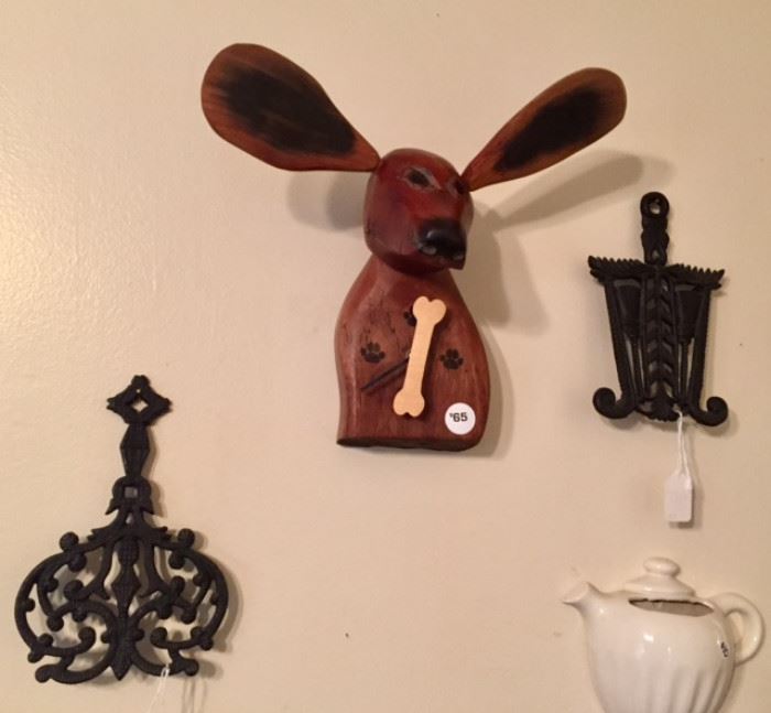 Hand Carved Dog Clock, Iron Trivets and Teapot Wall Vase