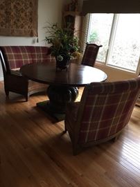 Round pedestal dining room table w/2 benches).  Stanford Furniture Company