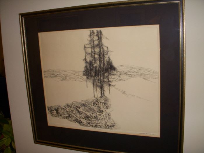 Framed Artist's Proof etching by Canadian artist, Audrey Shimizu, dated 1974.