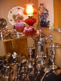 Fenton cranberry, silverplate, including the tilting water pitcher on stand with goblet