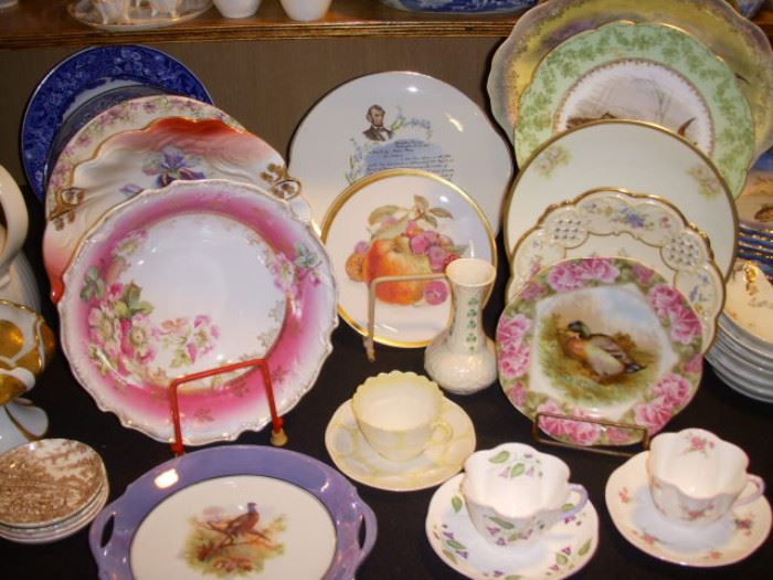 Fancy plates & bowls.  Two Shelley cups in lower right