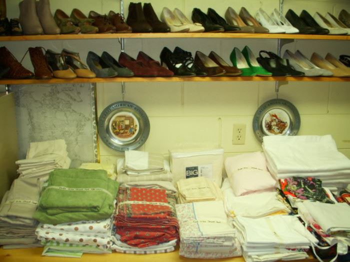 Linens, shoes on the shelves
