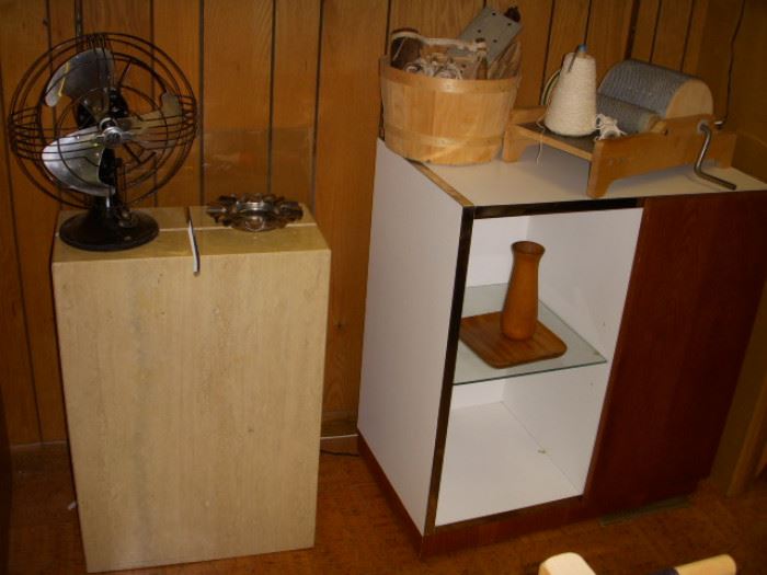 Marble pedestal base (incomplete table), and cabinet.  Fan is vintage