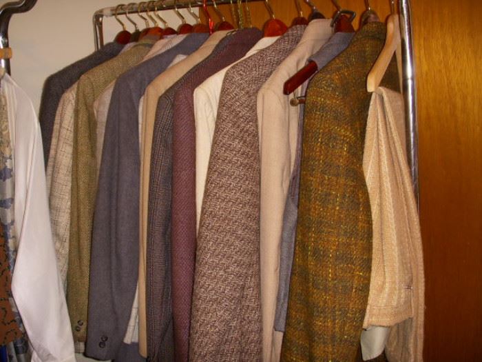 Men's blazers and suits.  Some are made from textiles woven by Heidi Huntley