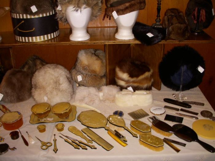Vintage dresser items, and hats