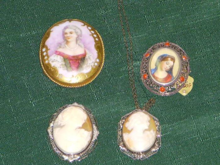 Cameos and painted brooches