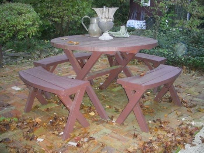 Wooden patio table and 4 benches