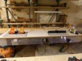 Custom Built 3 Routers and 8 ft. Router Table Unit with Ridgid Vac / Dust Collector - Includes the overhead / wall shelving behind it