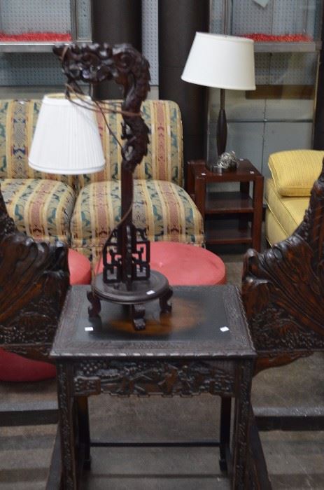 How cool is this hand carved lamp, THAT WORKS, the sits on top of yet another hand carved side table.